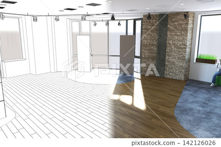 visualization of a large empty interior, 3D illustration visualization of a large empty interior, 3D illustration 142126026