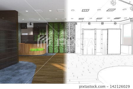 visualization of a large empty interior, 3D illustration visualization of a large empty interior, 3D illustration 142126029