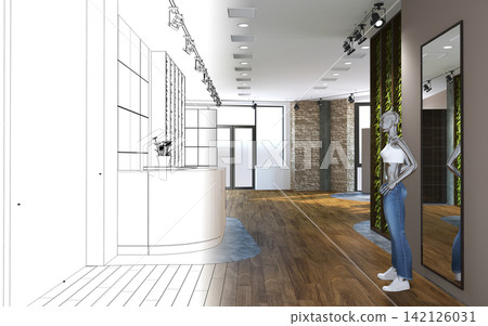 visualization of a large empty interior, 3D illustration visualization of a large empty interior, 3D illustration 142126031