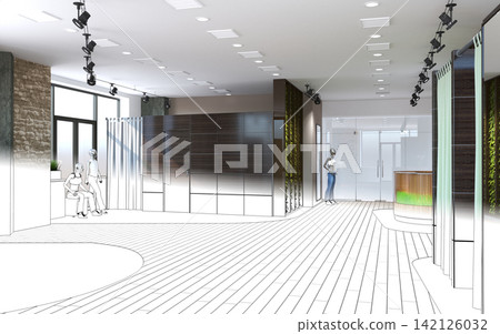 visualization of a large empty interior, 3D illustration visualization of a large empty interior, 3D illustration 142126032