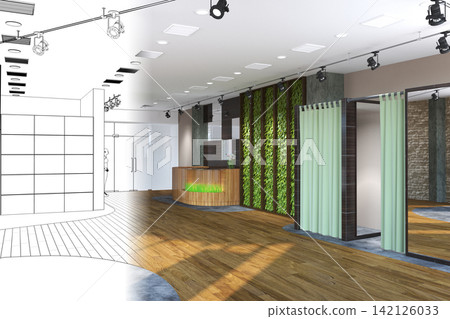 visualization of a large empty interior, 3D illustration visualization of a large empty interior, 3D illustration 142126033