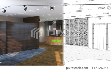 visualization of a large empty interior, 3D illustration visualization of a large empty interior, 3D illustration 142126034