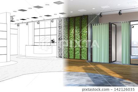 visualization of a large empty interior, 3D illustration visualization of a large empty interior, 3D illustration 142126035