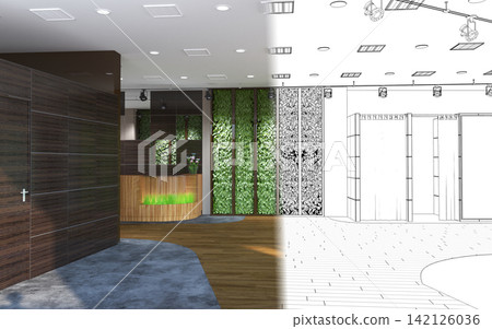 visualization of a large empty interior, 3D illustration visualization of a large empty interior, 3D illustration 142126036