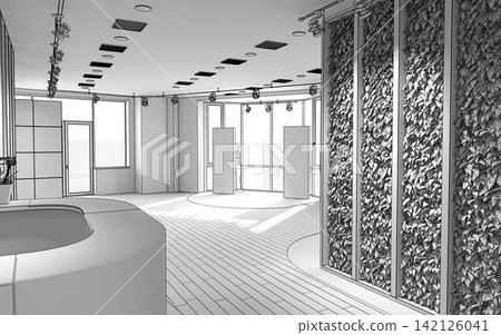 visualization of a large empty interior, 3D illustration visualization of a large empty interior, 3D illustration 142126041