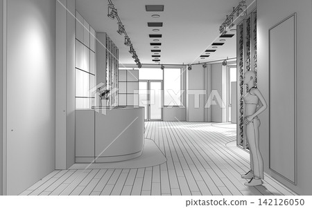 visualization of a large empty interior, 3D illustration visualization of a large empty interior, 3D illustration 142126050