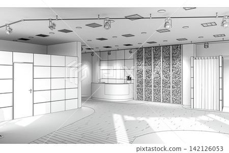 visualization of a large empty interior, 3D illustration visualization of a large empty interior, 3D illustration 142126053