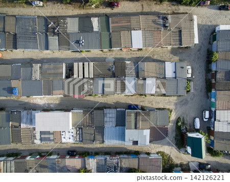 roof of garages, view from above roof of garages, view from above 142126221