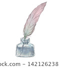 Watercolor illustration with ink bottle and quill pen 142126238