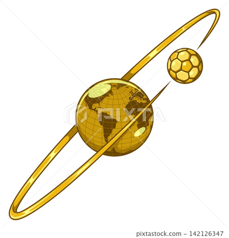 Golden soccer ball orbiting the earth Golden soccer ball orbiting the earth 142126347