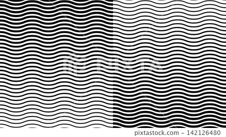 Wave pattern with horizontal lines creating halftone gradient effect. Flowing curves transition from thick to thin stripes on white background for modern design. Wave pattern with horizontal lines creating halftone gradient effect. Flowing curves transition from thick to thin stripes on white background for modern design. 142126480