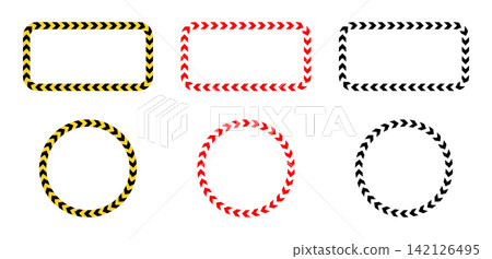 Circle and rectangle borders with chevron arrows create dynamic warning frames. Bold yellow and red stripes form attention grabbing patterns for safety indicators and caution signs. Circle and rectangle borders with chevron arrows create dynamic warning frames. Bold yellow and red stripes form attention grabbing patterns for safety indicators and caution signs. 142126495
