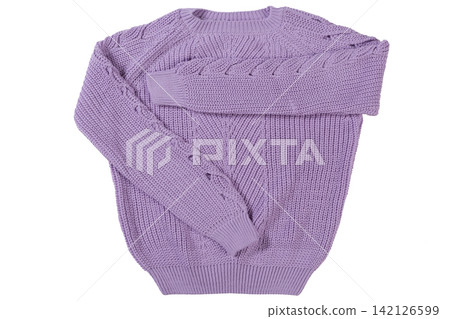 Purple knitted crewneck sweater isolated on white background. Chunky cable knit wool pullover flat lay top view studio shot Purple knitted crewneck sweater isolated on white background. Chunky cable knit wool pullover flat lay top view studio shot 142126599