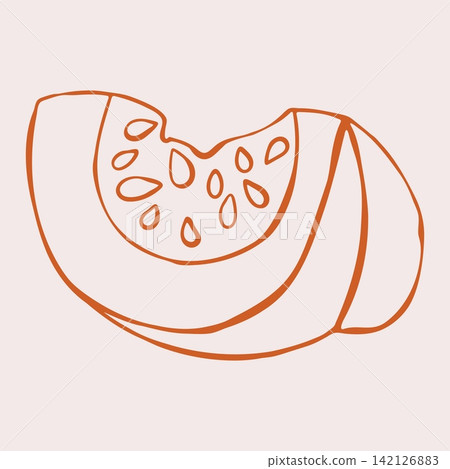 Pumpkin Slice with Seeds on Cut Flesh Side. Hand Drawn Doodle Style Vegetable Illustration Isolated on Beige Background. Minimalist Outline Icon and Symbol for Recipe, Cookbook, Farm Shop Label 142126883