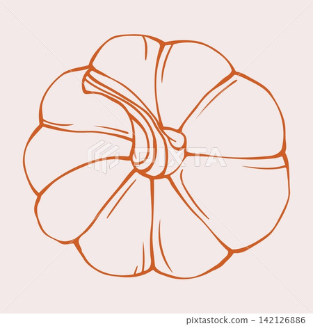Pumpkin Top View with Radial Lobes and Curled Stem. Hand Drawn Doodle Style Vegetable Illustration Isolated on Beige Background. Minimalist Outline Icon and Symbol for Autumn Card, Menu and Print. Pumpkin Top View with Radial Lobes and Curled Stem. Hand Drawn Doodle Style Vegetable Illustration Isolated on Beige Background. Minimalist Outline Icon and Symbol for Autumn Card, Menu and Print. 142126886