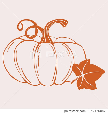 Rounded Pumpkin with Curly Tendril, Stem and Leaf. Hand Drawn Doodle Style Vegetable Illustration Isolated on Beige Background. Minimalist Outline Icon and Symbol for Halloween Poster, Menu, Farm Shop Rounded Pumpkin with Curly Tendril, Stem and Leaf. Hand Drawn Doodle Style Vegetable Illustration Isolated on Beige Background. Minimalist Outline Icon and Symbol for Halloween Poster, Menu, Farm Shop 142126887