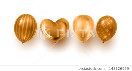 3d balloon set. glossy gold and silver foil party decorations of heart, star and round shapes. Floating ballons with strings for birthday celebration 3d balloon set. glossy gold and silver foil party decorations of heart, star and round shapes. Floating ballons with strings for birthday celebration 142126959