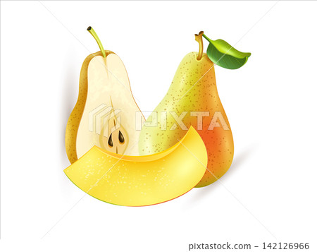 3d illustration ripe orange pear with whole and slice cut out fruit 142126966