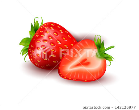 3d realistic whole and slice of strawberry fruit illustration 142126977