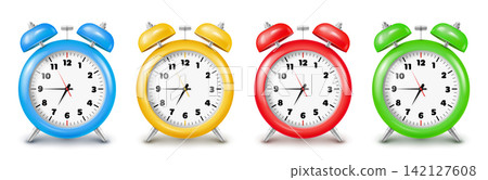 Set of classic alarm clocks in different colors with two bells on a white background. Set of classic alarm clocks in different colors with two bells on a white background. 142127608