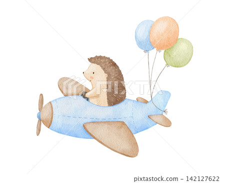 Cute cartoon hedgehog pilot in airplane soaring through sky. Adorable baby animal character perfect for nursery design, kid shirts, or playful watercolor illustrations. 142127622