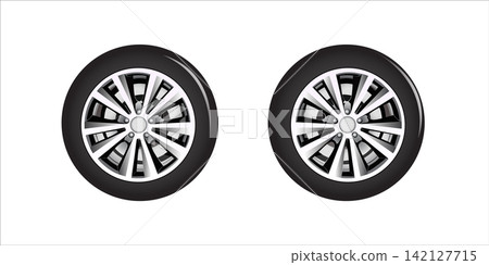 Car wheel Realistic 3d icon of modern black rubber tire for advertising of automobile service 142127715