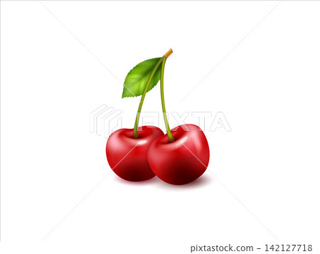 Cherry fruit realistic with green leaves on transparent background. 3D realistic cherry fruit illustration Cherry fruit realistic with green leaves on transparent background. 3D realistic cherry fruit illustration 142127718
