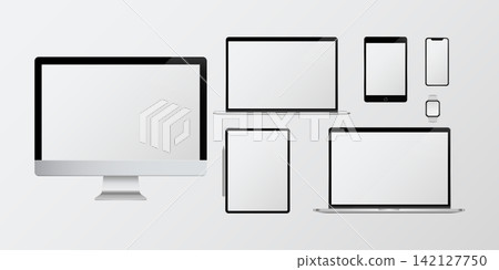 Device Mockup set. Realistic set of Monitor, laptop, tablet, smartphone Device Mockup set. Realistic set of Monitor, laptop, tablet, smartphone 142127750