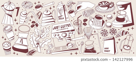 Sketch style cafe icon set for retro poster design 142127996