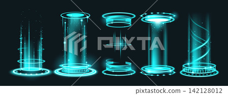Glowing cyberpunk teleport gate with energy beams Glowing cyberpunk teleport gate with energy beams 142128012