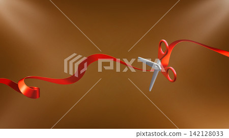 Opening ceremony with red ribbon cut by scissors Opening ceremony with red ribbon cut by scissors 142128033