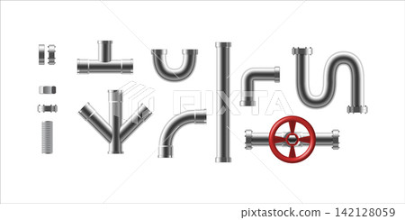 Ells, gate valve, fittings, faucet steel metal water, oil, gas pipeline on transparent background Ells, gate valve, fittings, faucet steel metal water, oil, gas pipeline on transparent background 142128059