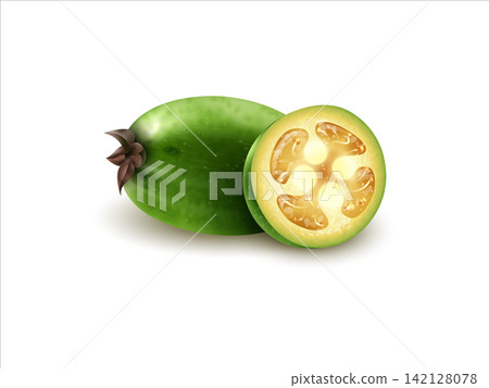 Feijoa fruit whole and slice 3d realistic illustration Feijoa fruit whole and slice 3d realistic illustration 142128078