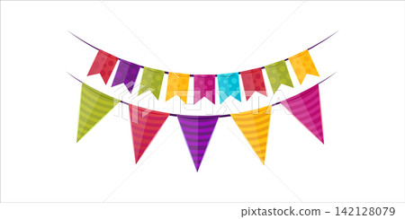 Festive flag garland. Retro bunting in simple flat style for congratulations. Carnival, birthday, circus border decoration Festive flag garland. Retro bunting in simple flat style for congratulations. Carnival, birthday, circus border decoration 142128079