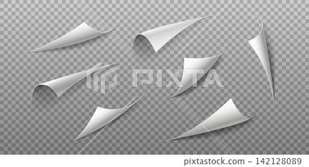 Flipping book effect, page curl or bent edges of notebook, realistic illustration collection. Isolated curved paper corners, folded piece of sheet or brochure Flipping book effect, page curl or bent edges of notebook, realistic illustration collection. Isolated curved paper corners, folded piece of sheet or brochure 142128089