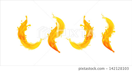 Fruit juice splash in realistic style. 3d render of orange juice splash 142128103