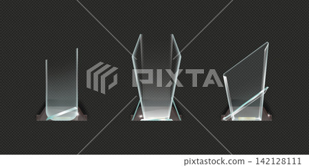 Glass award trophy or winner prize realistic illustration. Transparent crystal plate with laurel wreath on wooden pedestal Glass award trophy or winner prize realistic illustration. Transparent crystal plate with laurel wreath on wooden pedestal 142128111