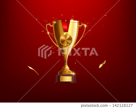 Gold trophy realistic award cup. Shine trophy on glazy background. Illustration gold award and trophy realistic Gold trophy realistic award cup. Shine trophy on glazy background. Illustration gold award and trophy realistic 142128127