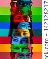 Expressive faces layered in bright horizontal bands forming diverse human identity collage 142128217