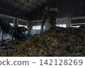 Industrial conveyor belt unloading processed organic waste pile in recycling power plant warehouse. 142128269