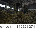 Huge pile of sorted municipal solid waste under conveyor belt in recycling facility hall. 142128274