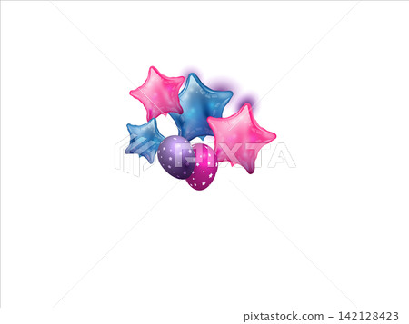 Metallic 3d balloon set. Pink and purple foil party decorations of heart, star and round shapes. Floating ballons with strings for birthday celebration 142128423
