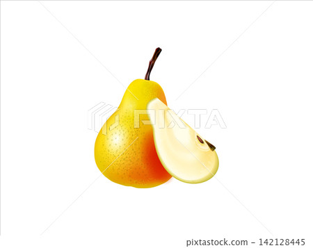 Pear apple 3d render illustration on white background. whole and slice pear apple realistic 142128445