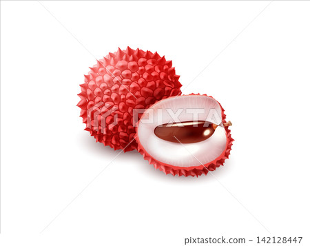 Peeled lychee fruit 3d realistic vector illustration. Whole and slice 3d render of lychee fruit Peeled lychee fruit 3d realistic vector illustration. Whole and slice 3d render of lychee fruit 142128447