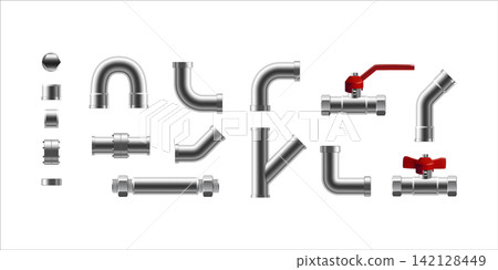 Pipeline parts of steel pipe in different shapes 3d render 142128449