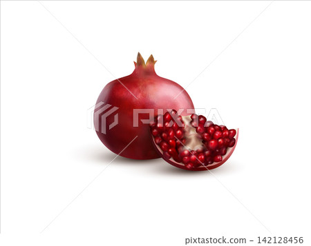 Pomgranate whole and slice 3d realistic illustration Pomgranate whole and slice 3d realistic illustration 142128456