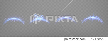 Glowing blue arc with magical sparkles and light trails on dark background. Abstract light effect on a transparent background. Vector illustration. 142128559