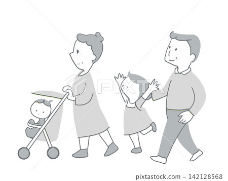 A simple illustration of a middle-aged person pushing a stroller and taking care of their grandchild. A simple illustration of a middle-aged person pushing a stroller and taking care of their grandchild. 142128568