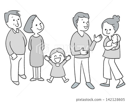 A close-knit three-generation family with a baby, and a middle-aged couple watching over a young couple. A close-knit three-generation family with a baby, and a middle-aged couple watching over a young couple. 142128605