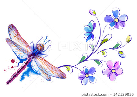 Horizontal background with dragonfly and flowers on the white - vector illustration Horizontal background with dragonfly and flowers on the white - vector illustration 142129036